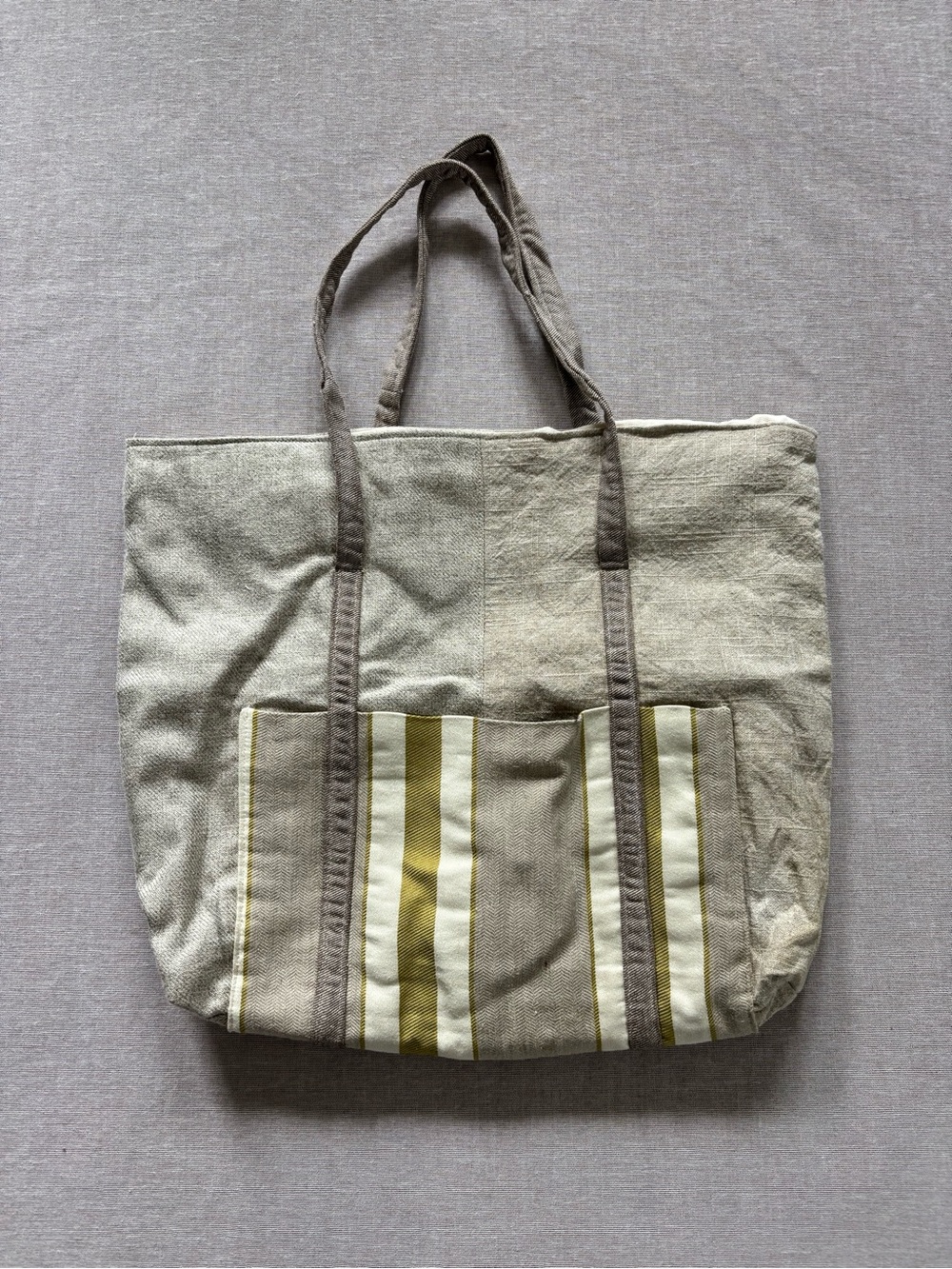 Woven Canvas Tote Bag in Beige and Olive Stripes